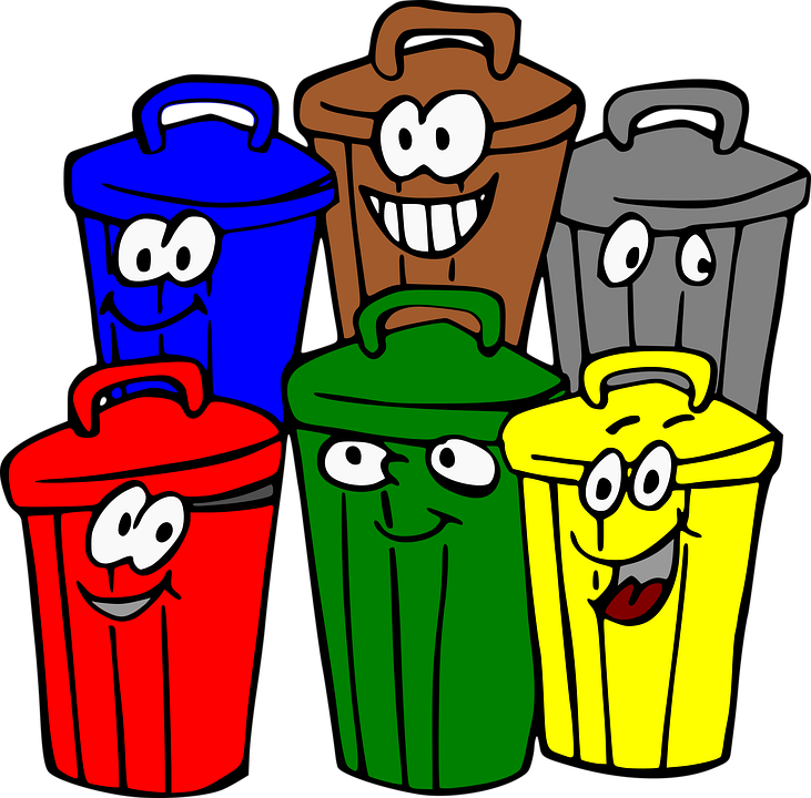 Trash cans with various faces in various, bright colors. 
https://pixabay.com/vectors/trash-bins-smiley-face-trash-cans-6162417/